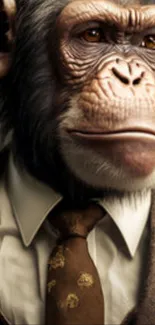 Chimpanzee wearing a suit, tie and white shirt, stylish phone wallpaper.