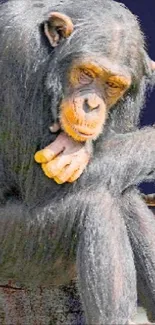 Thoughtful chimpanzee resting against a dark blue background.