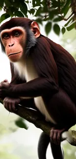 Chimpanzee sitting on a branch in a lush green forest.