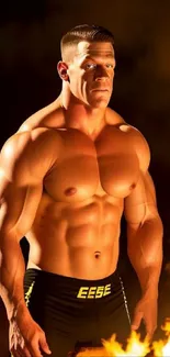 Muscular figure with fiery background wallpaper.