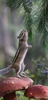 Chipmunk on mushrooms with pine needles in forest.