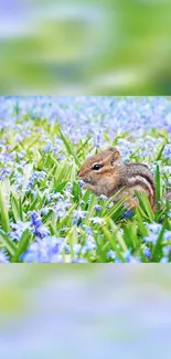 Chipmunk amidst blue flowers in a tranquil natural setting.