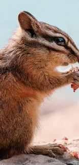 Close-up of a chipmunk holding a snack in its paws.