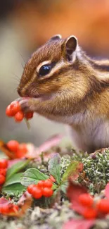 Chipmunk nibbling on red berries in a forest setting with autumn colors.