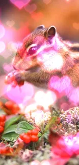 Chipmunk eating berries on a mossy forest floor, surrounded by lush foliage.