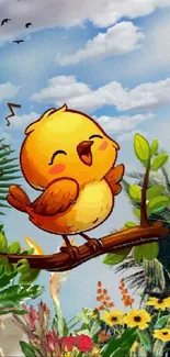 A cheerful chick singing on a branch with a colorful nature background.