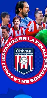 Chivas Tapatío players celebrating in blue background.