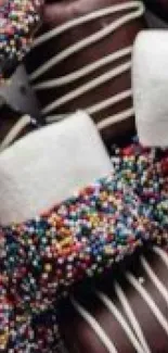 Chocolate-dipped marshmallows with colorful sprinkles close-up wallpaper.