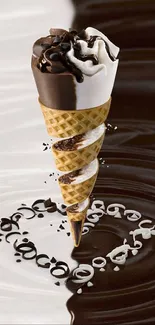 Chocolate and vanilla ice cream cone with swirling background.