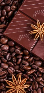 Chocolate bars on coffee beans background with spices.