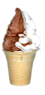 Swirl of chocolate and vanilla soft serve ice cream on a crisp cone.
