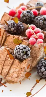 Chocolate dessert with berries and chocolate drizzle on top, perfect for food lovers.