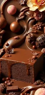 Chocolate-themed mobile wallpaper with cake and pralines.
