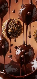Dripping chocolate with decadent treats in a tempting mobile wallpaper.