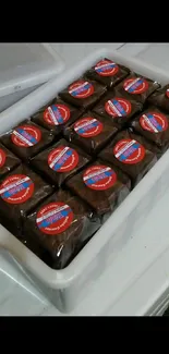 Tray of packaged chocolate brownies with labels.