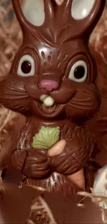 Chocolate bunny holding carrots in a festive, straw-filled setting.