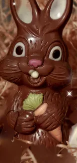 Chocolate bunny with carrot in straw, Easter-themed mobile wallpaper.