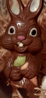 Adorable chocolate bunny holding a carrot surrounded by straw.