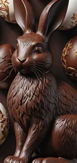 Chocolate bunny surrounded by Easter eggs.