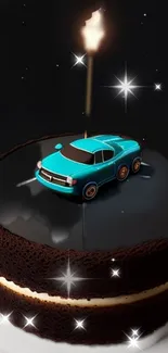 Chocolate cake with a blue toy car and candle on top.