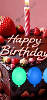 Chocolate birthday cake with strawberries and colorful balloons.
