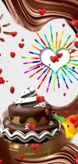 Colorful wallpaper with chocolate cake and hearts design.