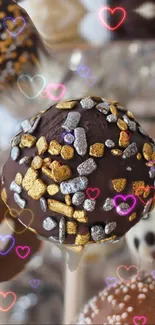 Assorted chocolate cake pops with sprinkles in vibrant, festive decoration.