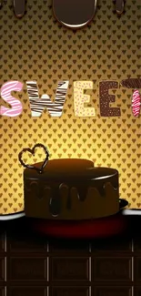 Chocolate cake with 'SWEET' letters on heart-patterned background.