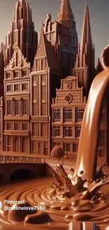 Fantasy cityscape with chocolate architecture and flowing chocolate stream.