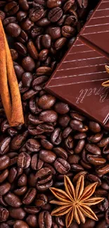Rich brown wallpaper with coffee beans, chocolate, and spices.