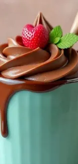 Chocolate swirl with strawberry and mint in an aqua cup.