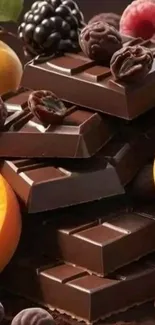 Chocolate bars with fresh fruits on a vibrant background.