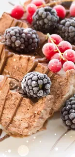 Chocolate dessert with berries and chocolate drizzle on a white plate.
