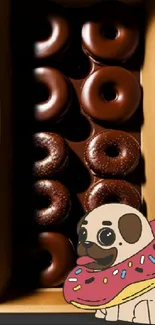 Chocolate donuts in box with cute animated dog.