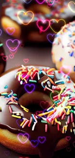 Chocolate donuts with vibrant sprinkles in a bright and colorful wallpaper design.