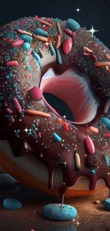 Chocolate donut with sprinkles and candy on a dark background.