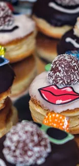 Artistic chocolate donuts with colorful toppings.