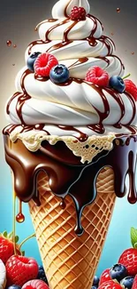 Ice cream cone with chocolate drizzle and berries topping.