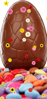 Mobile wallpaper of a chocolate egg with colorful candies.