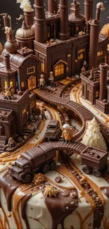 A chocolate factory-themed cake with intricate design and miniature structures.