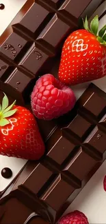 Chocolate bars topped with strawberries and raspberries.