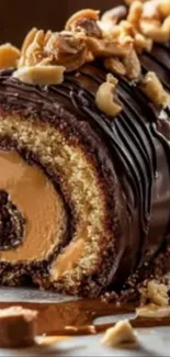 Close-up of a chocolate hazelnut roll dessert.
