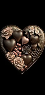 Chocolate heart art with flowers and candy on dark background.