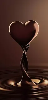 Chocolate heart sculpture with liquid effect on wallpaper.