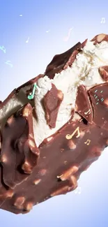 Frozen chocolate ice cream bar with a blue background.