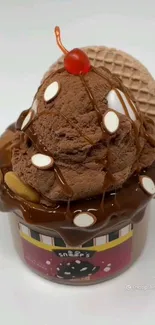 Chocolate ice cream with caramel and cherry.