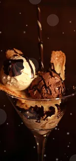 Creamy chocolate and vanilla ice cream in a glass with a dark background.