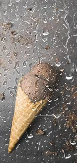 Chocolate ice cream cone with scattered chocolate chunks on a dark surface.