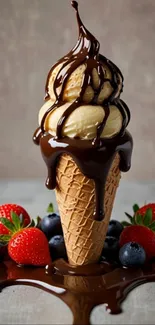 Ice cream cone with chocolate drizzle and berries.
