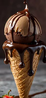 Chocolate ice cream cone with rich drizzle.